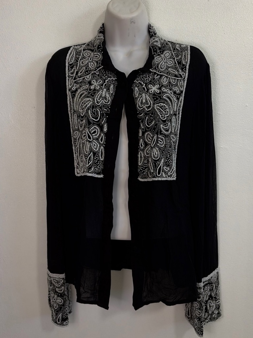 Shanghai Nites Silk Beaded Paisley Collar Open Front Top Size 10